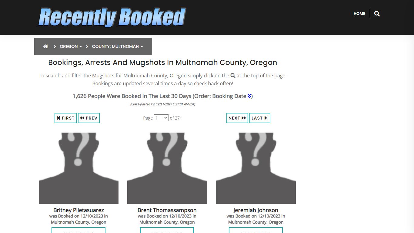 Bookings, Arrests and Mugshots in Multnomah County, Oregon